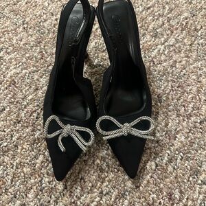Chic Black Slingback Heels with Silver Bow